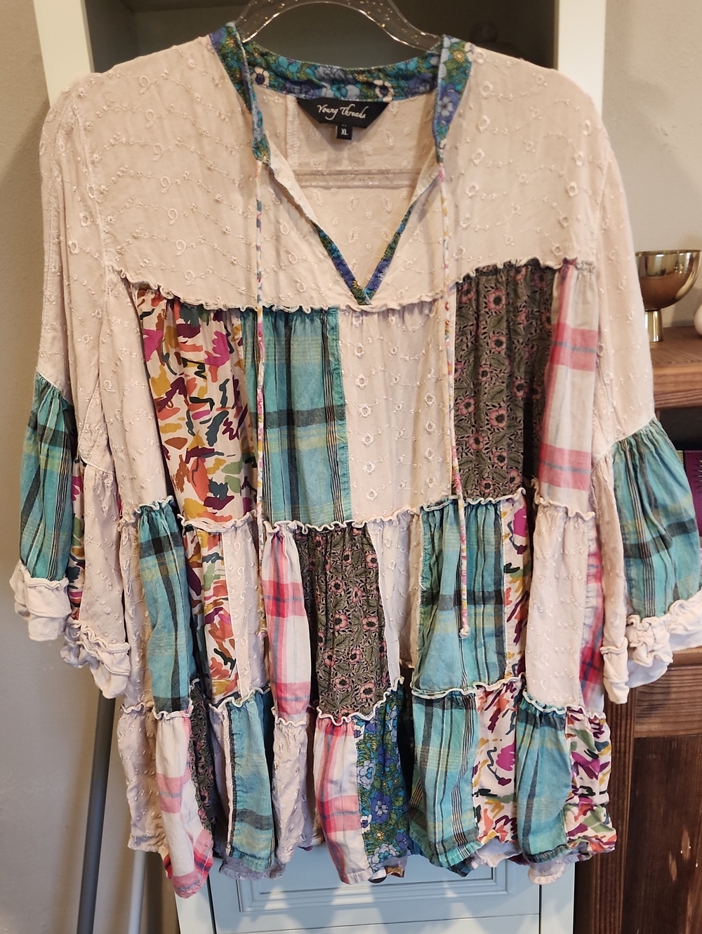 Vintage-Inspired Patchwork Peasant Tunic - Cream & Multi